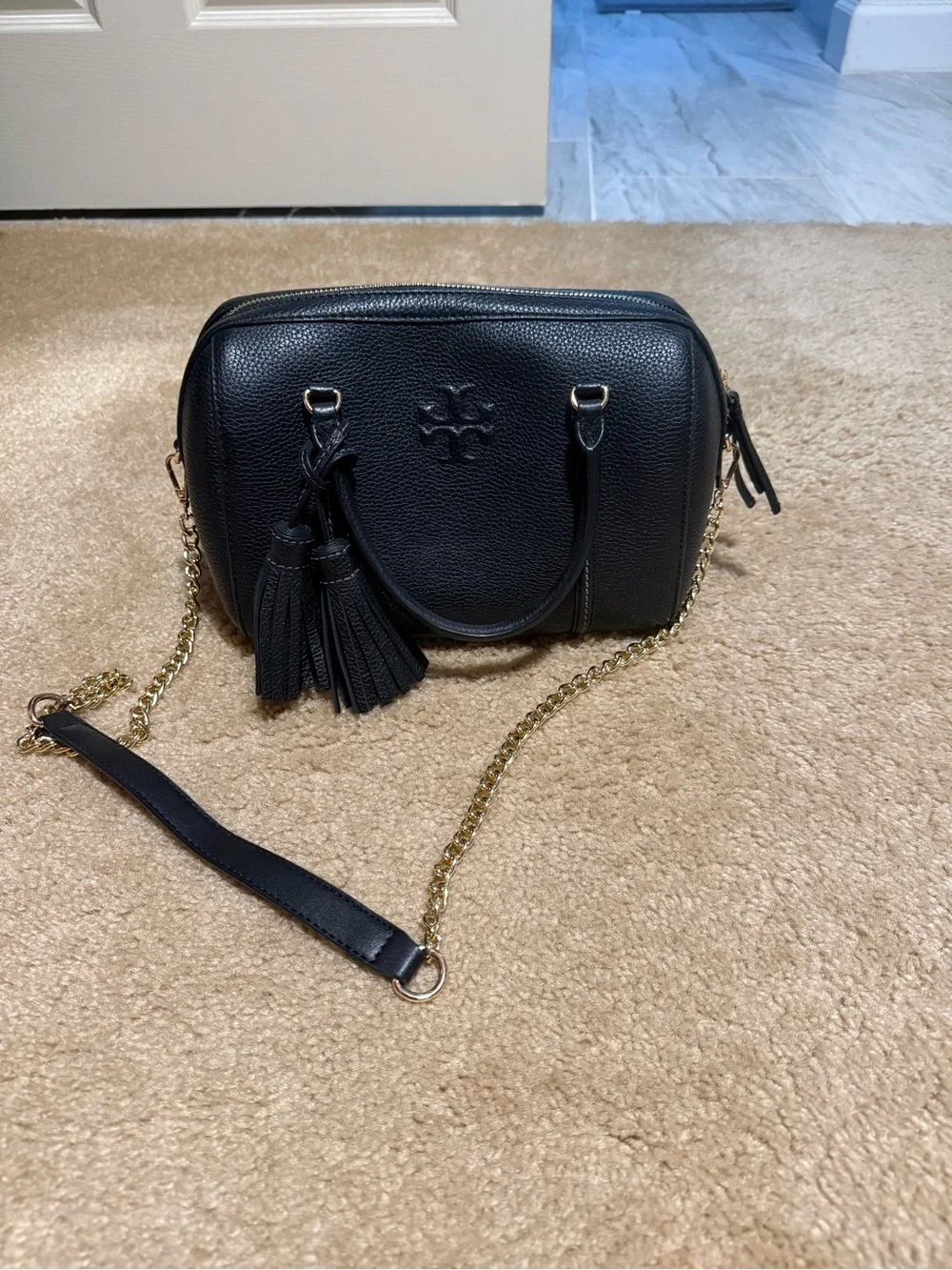 Tory Burch Thea Satchel Black Pebbled Leather